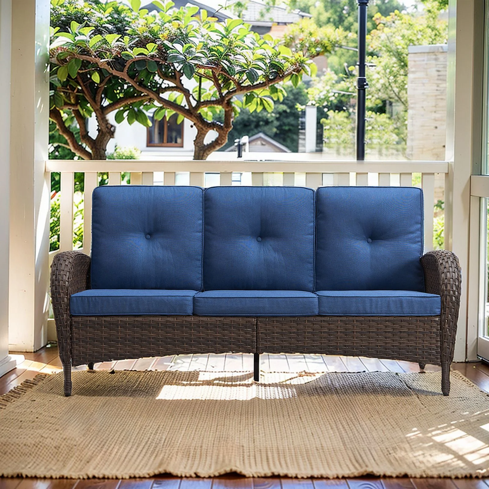 PARKWELL Outdoor 3 Seats Patio Sofa Furniture, All-Weather Wicker Rattan Couch with Removable Cushions,Blue