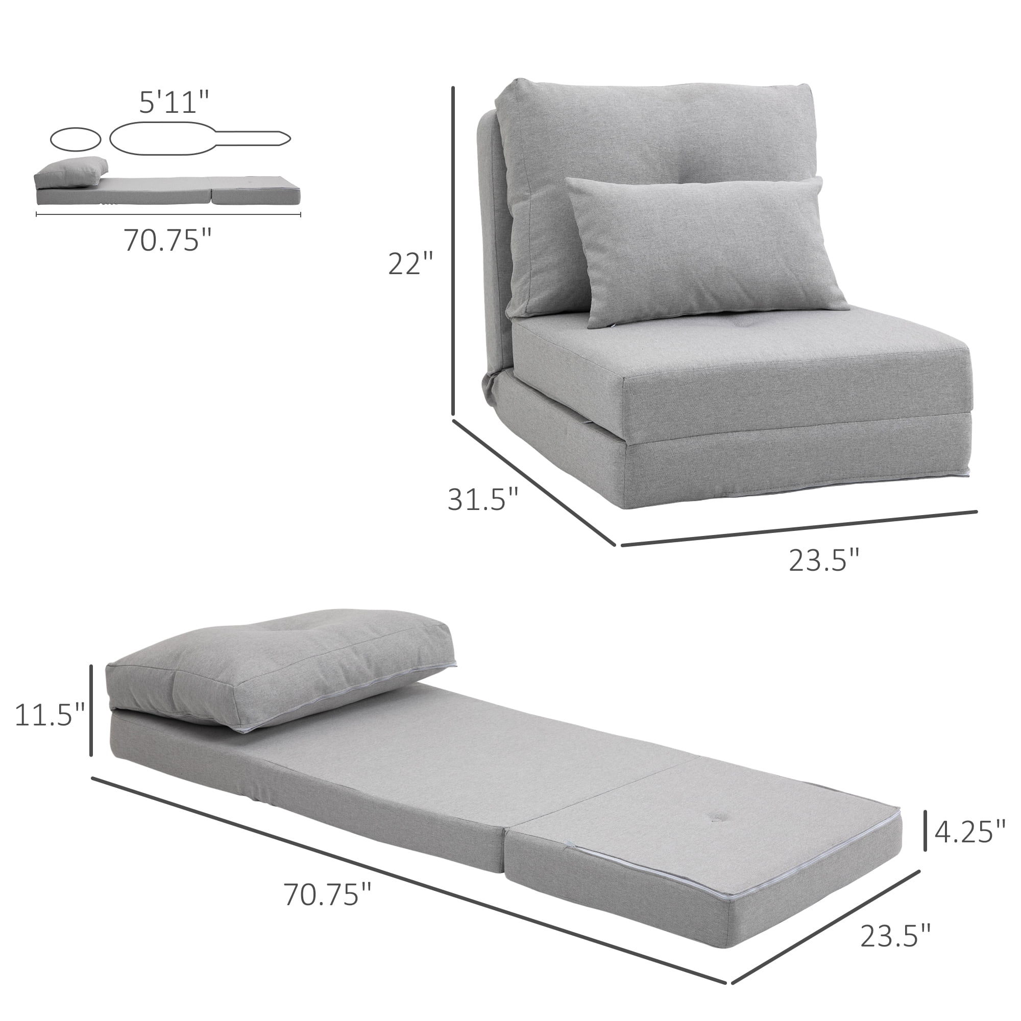 HOMCOM 2-in-1 Floor Adult Lazy Sofa Bed with 5 Position Adjustable Backrest, Light Gray
