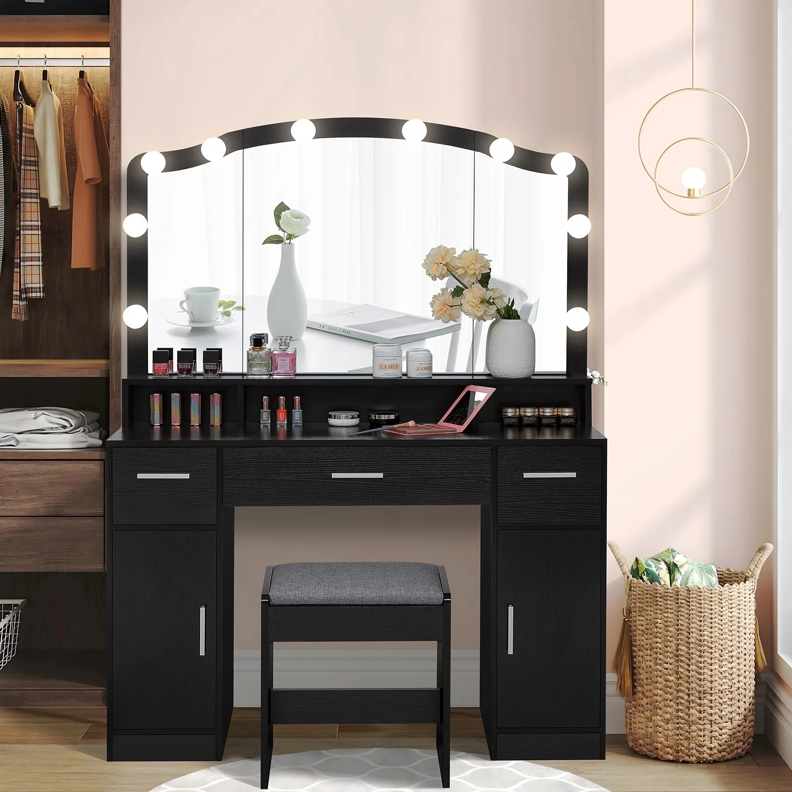 USIKEY Large Vanity Set with Large Lighted Mirror, Modern Makeup Vanity Table with 3 Drawers, 2 Storage Cabinets & 10 LED Bulbs, BlackYSZT32HD