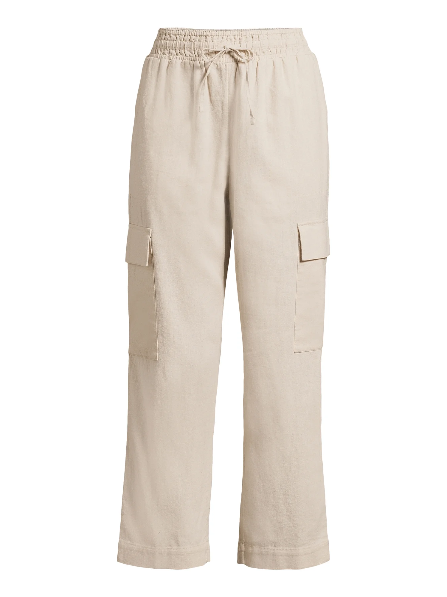 Time and Tru Women's High Rise Pull on with Drawstring Straight Leg Cargo Linen Pants, 27