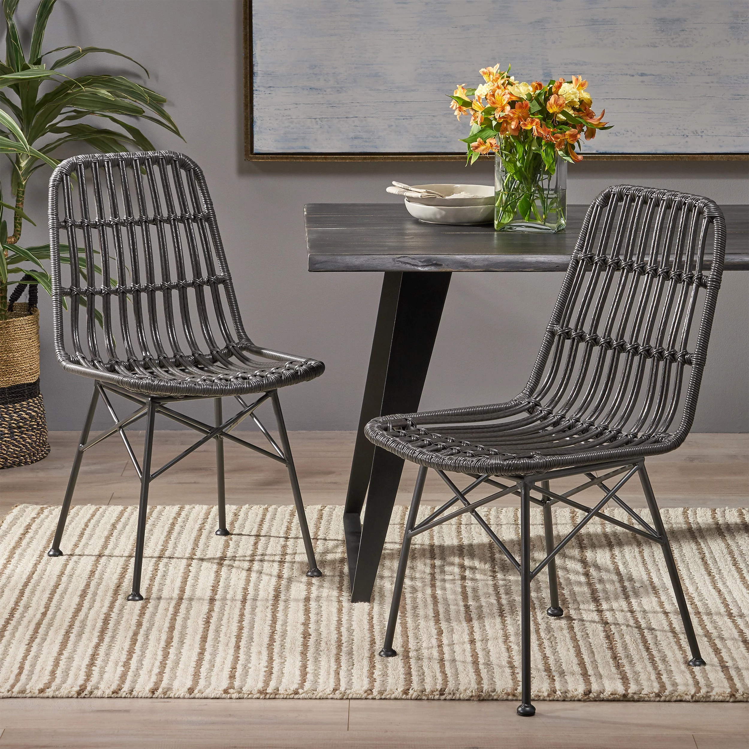 Noble House Dimitri Indoor Wicker Dining Chairs, Set of 2) , Gray and Black
