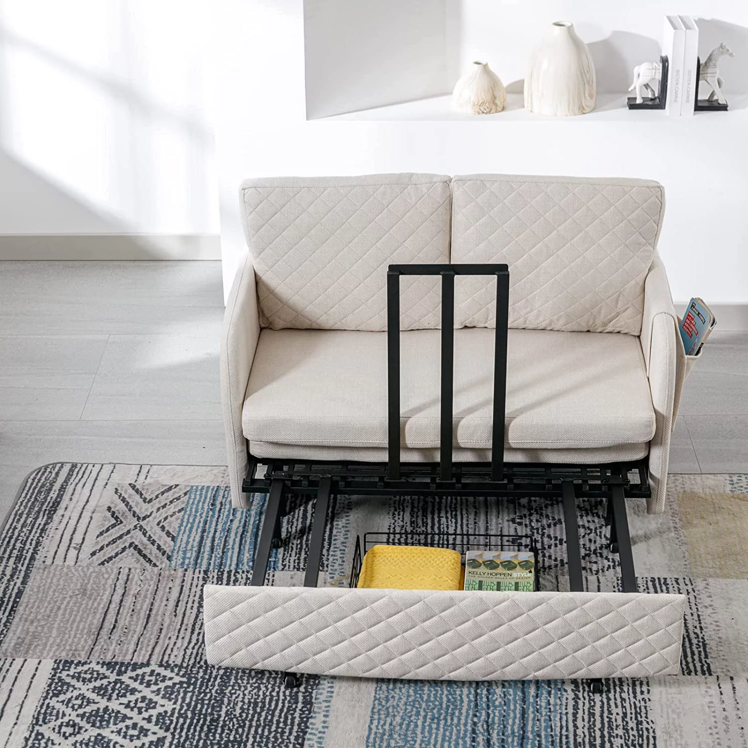 Tabaray Leather Loveseat Sleeper Sofa Bed,2 Seat Arm Chair with Side Pocket and Cushions,Mini Pull Out Couch for Bedroom,Office,Living Room,Small Space (Black Leather)