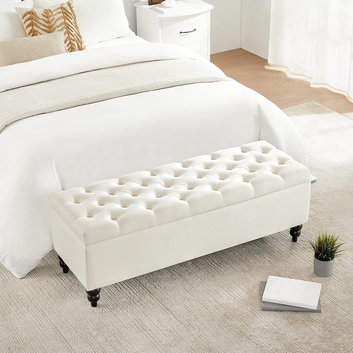 Storage Ottoman Bench, 50.2 Inches Upholstered Fabric Storage Ottoman Bench, Button Tufted Ottoman with Large Storage, End of Bed Bench, for Living Room, Entryway, Bedroom (Ivory)