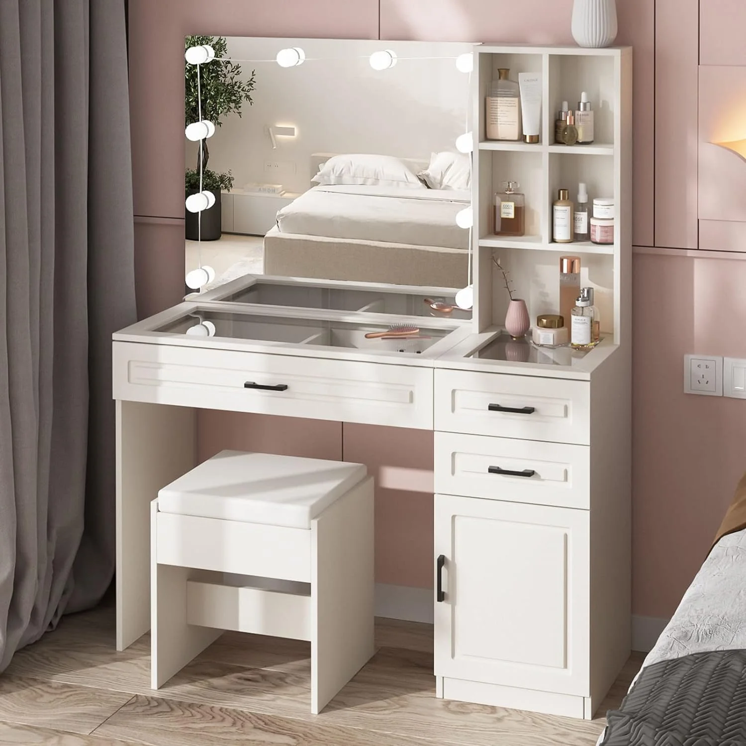 ONKER White Vanity Desk with Mirror and Lights,Glass Top Vanity Table with 3 Drawers and Cabinets,Large HD Mirror Makeup Desk,3 Lighting Modes, Brightness Adjustable,45 in(L)