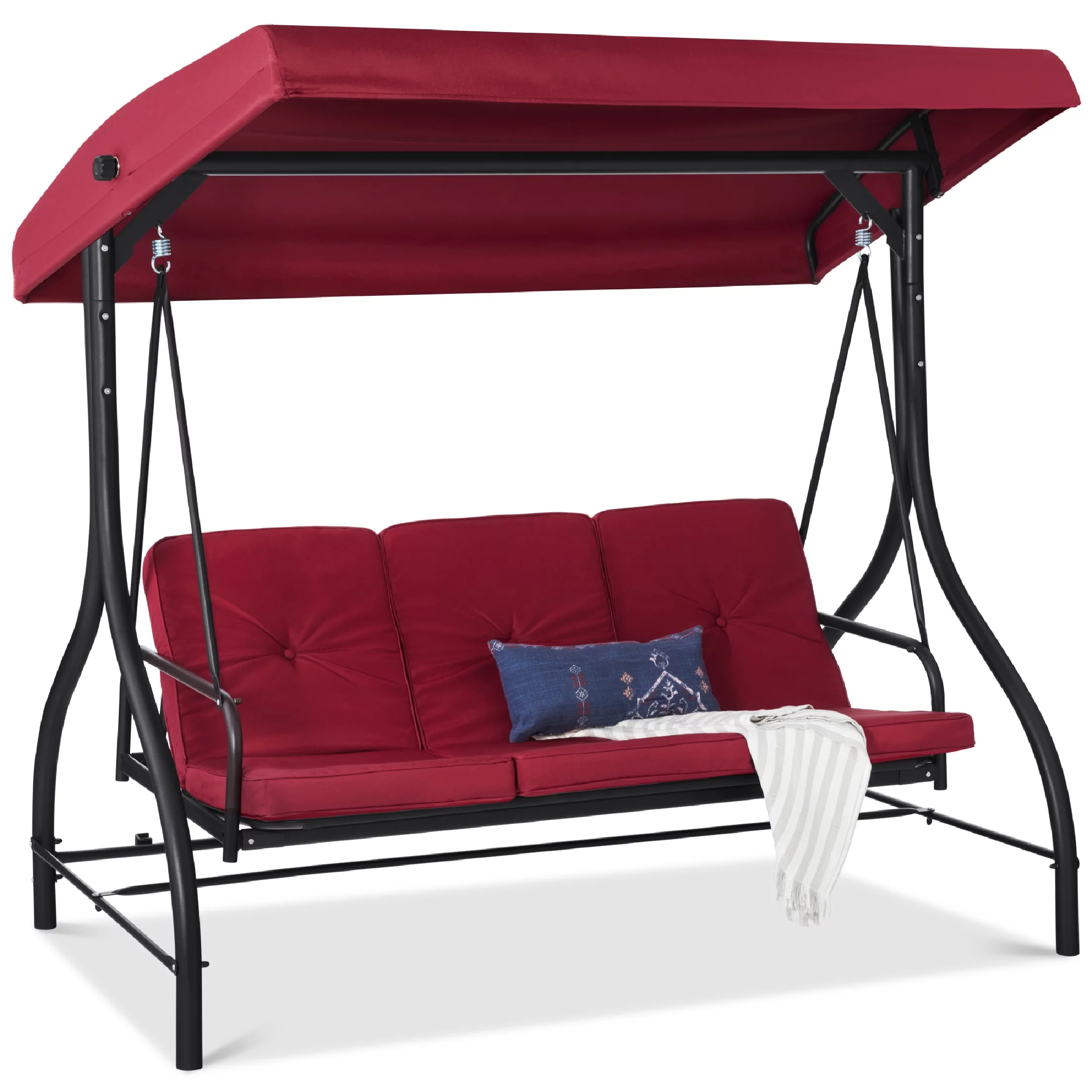 Best Choice Products 3-Seat Outdoor Converting Canopy Swing Glider Patio Hammock w/ Removable Cushions -  Burgundy