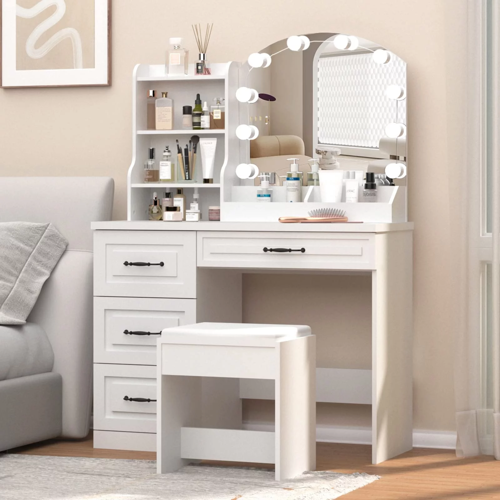 Makeup Vanity Desk with Lights and 4 Drawers, 3 Lighting Colors, White Vanity Set Makeup Table Lots Storage, Large Size 39.4in(L)