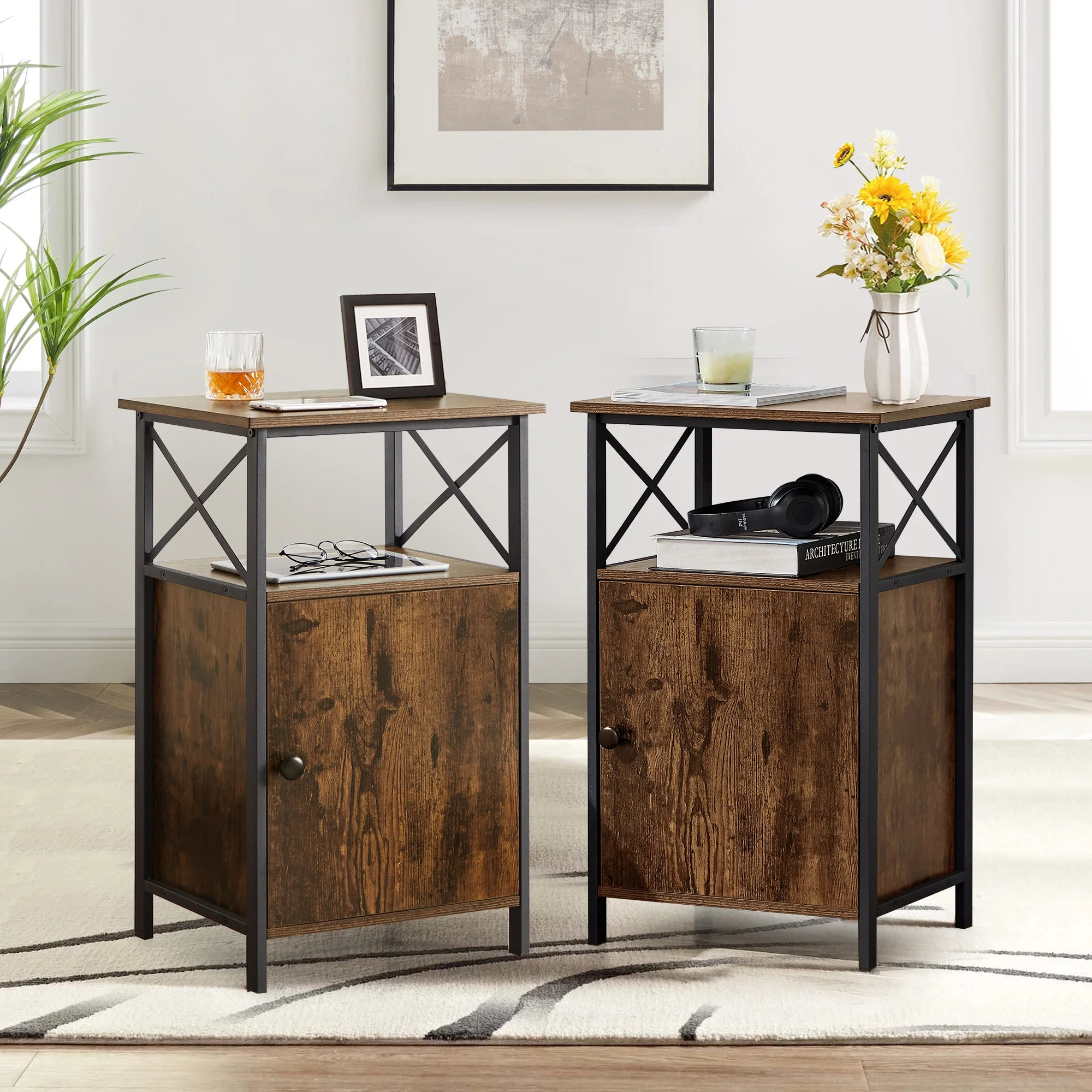 VECELO (Set of 3) Bedroom Set Bed Frame with 2 Brown Nightstand