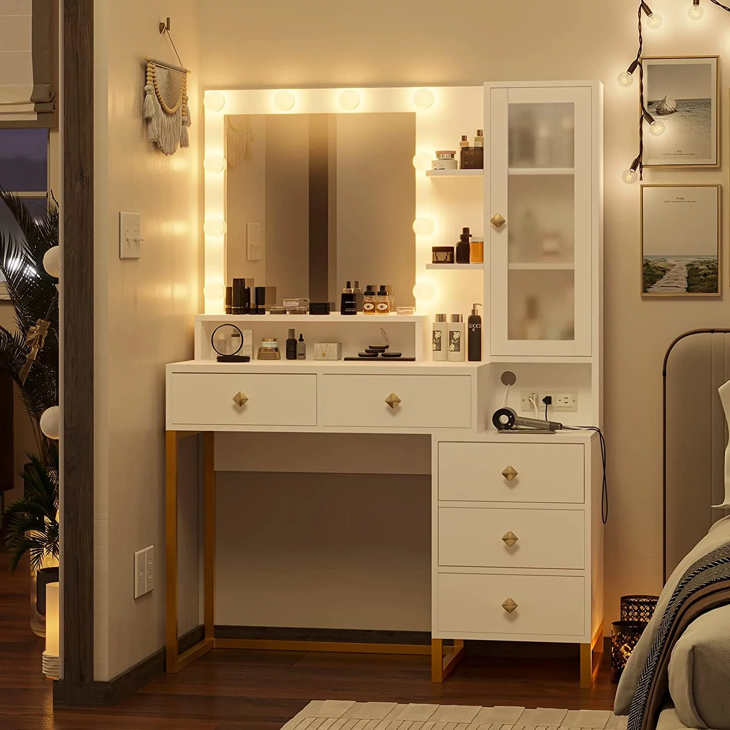 Tiptiper Makeup Vanity with Light Mirror and Charging Station, Vanity Desk with Storage Shelves, 5 Drawers, White