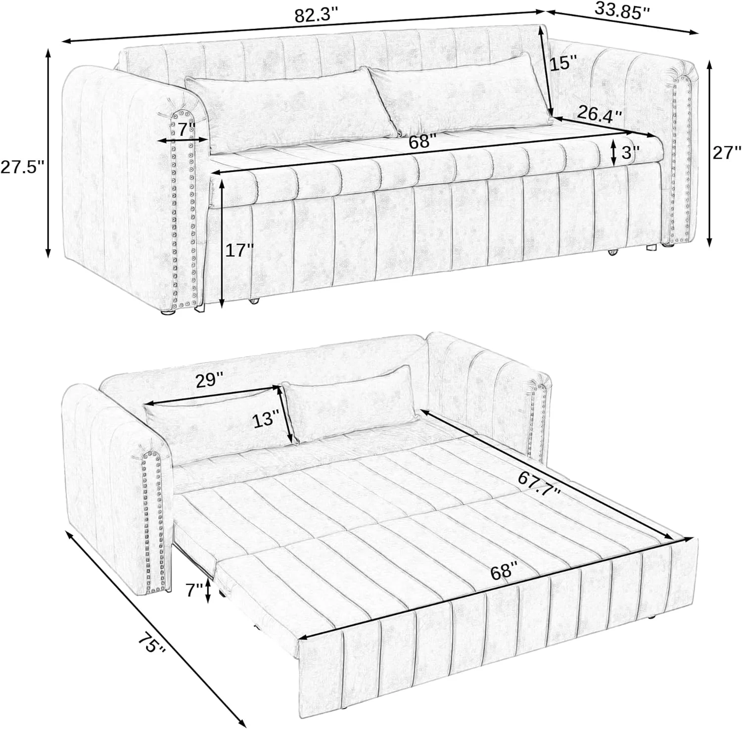 3-in-1 Convertible Sleeper Sofa Bed,Pull-Out Bed Sleeper with Rolled Arms Decorated with Copper Nails,Modern Upholstered 3 Seats Sofabed with Two Drawers and Two Pillows,Black
