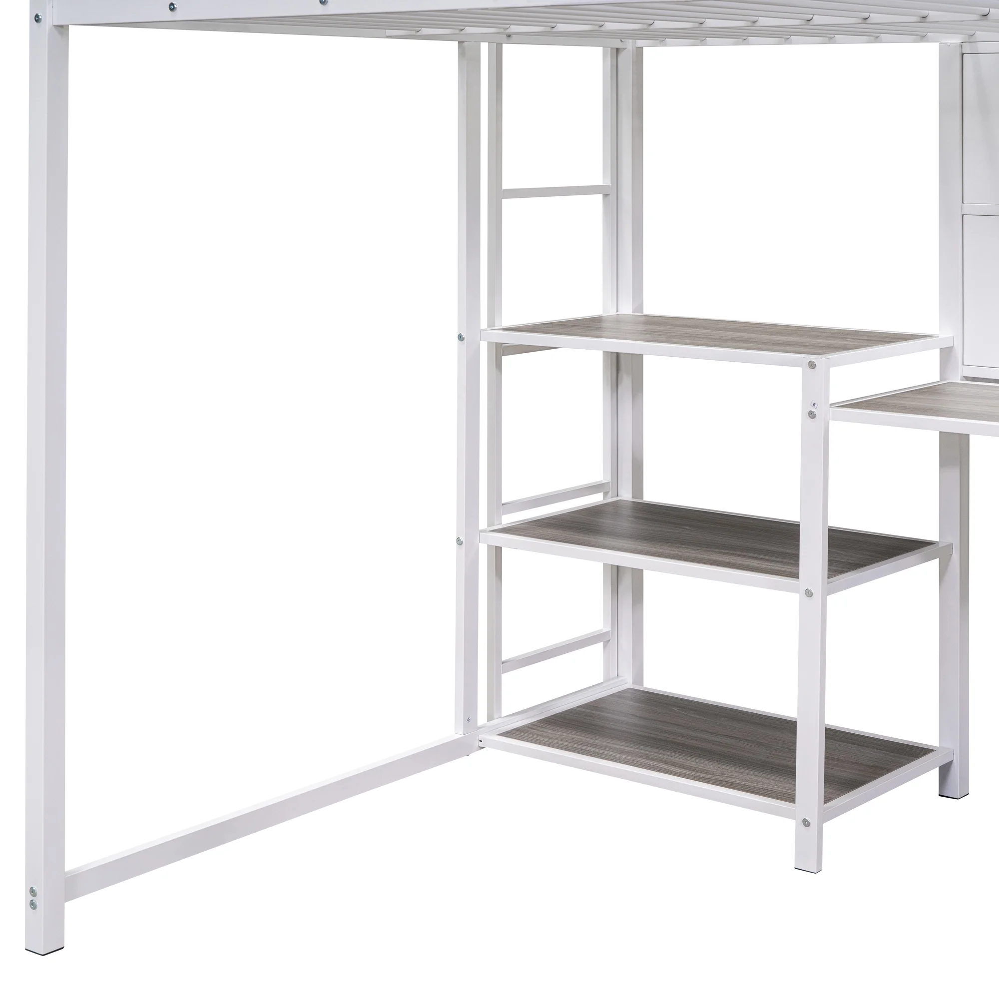 Sesslife Loft Bed for Kids, Full Size Loft Bed Frame with Desk and Whiteboard, Modern Metal Loft Bed with 3 Shelves and Ladder, White