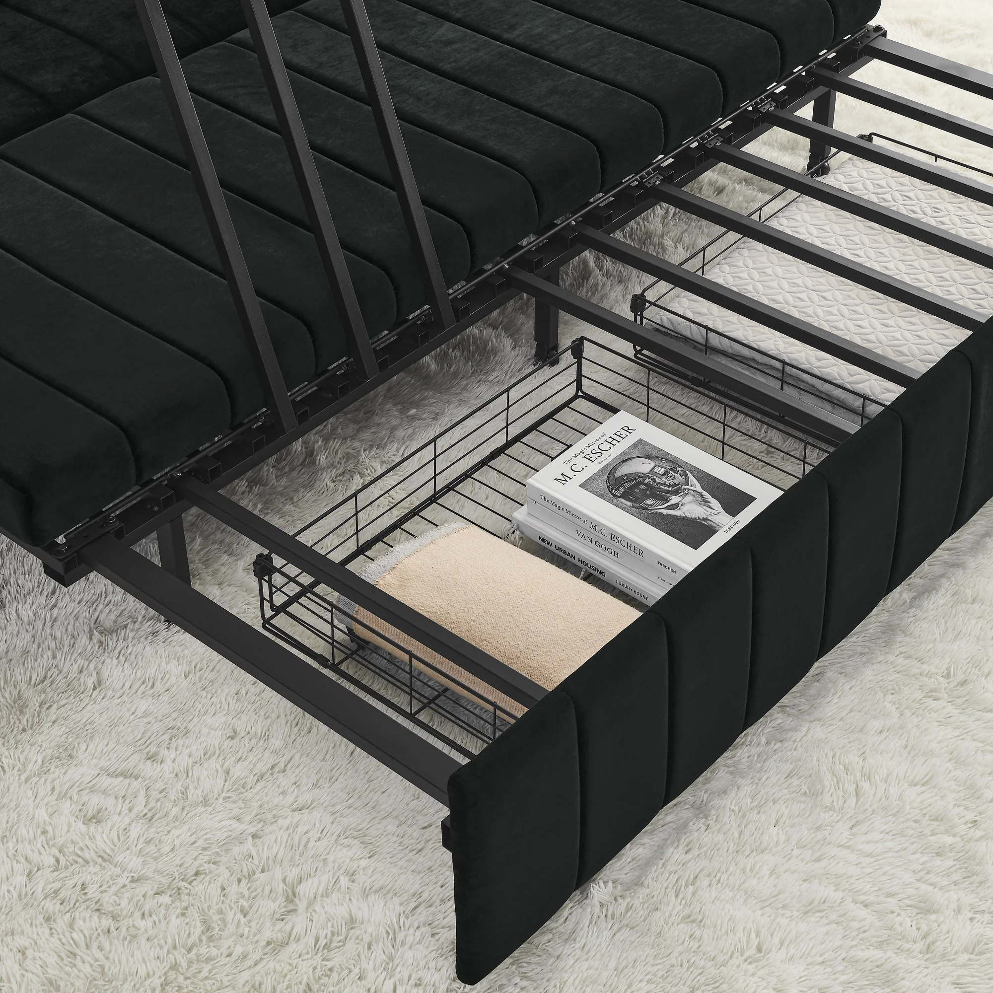 3-in-1 Convertible Sleeper Sofa Bed,Pull-Out Bed Sleeper with Rolled Arms Decorated with Copper Nails,Modern Upholstered 3 Seats Sofabed with Two Drawers and Two Pillows,Black