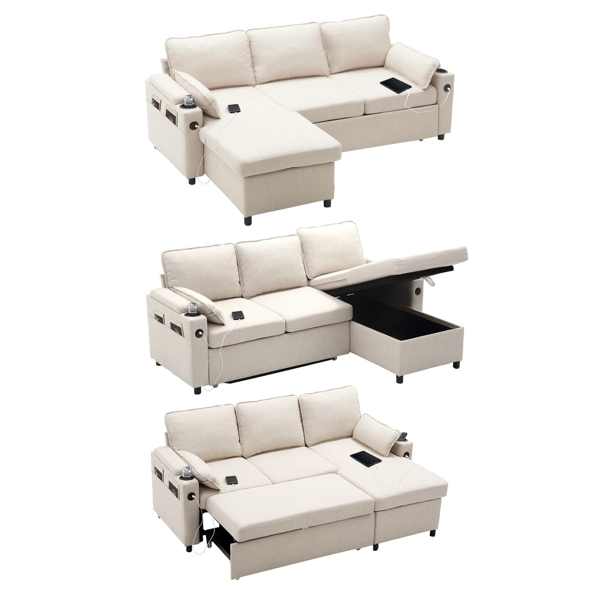 Duraspace Sectional Sleeper Sofa with Storage Chaise, Reversible Pull Out Couch Sofa Bed, L-Shape Beige