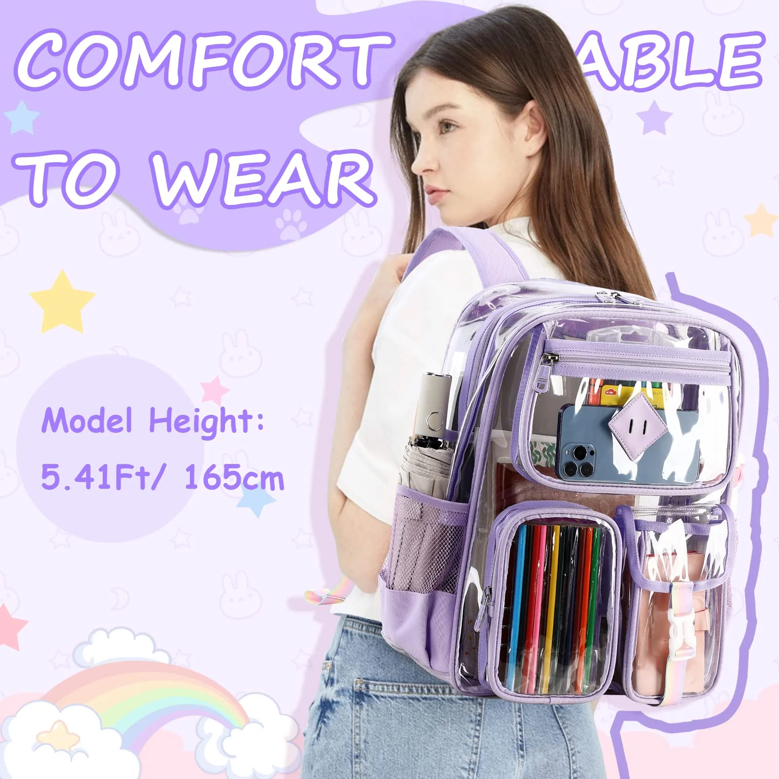 Sanmadrola Large Clear Backpack Heavy Duty Stadium Approved Girls Backpack Waterproof Pvc Transparent Backpacks for Girls Clear Bag with Reinforced Strap for School Work Travel Festival, Purple