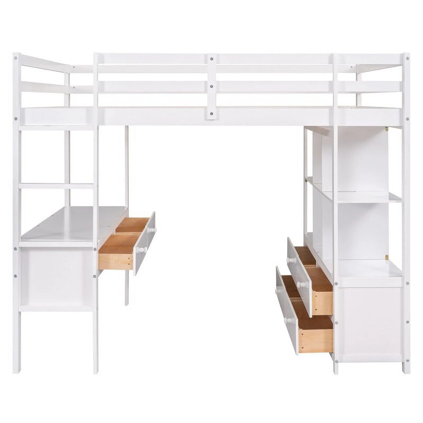 Full Size Wooden Loft Bed with Built-in Desk with Two Drawers, and Storage Shelves and Drawers For Kids White