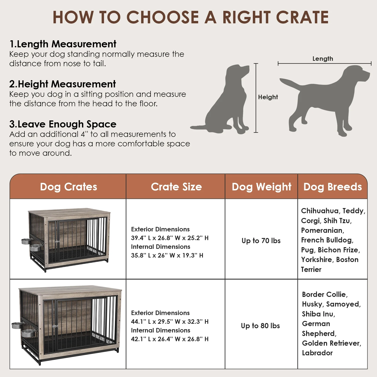 Pirecart  39.4in Wooden Dog Crate Furniture, Dog Kennels with Pull-Out Tray and 2 Bowls