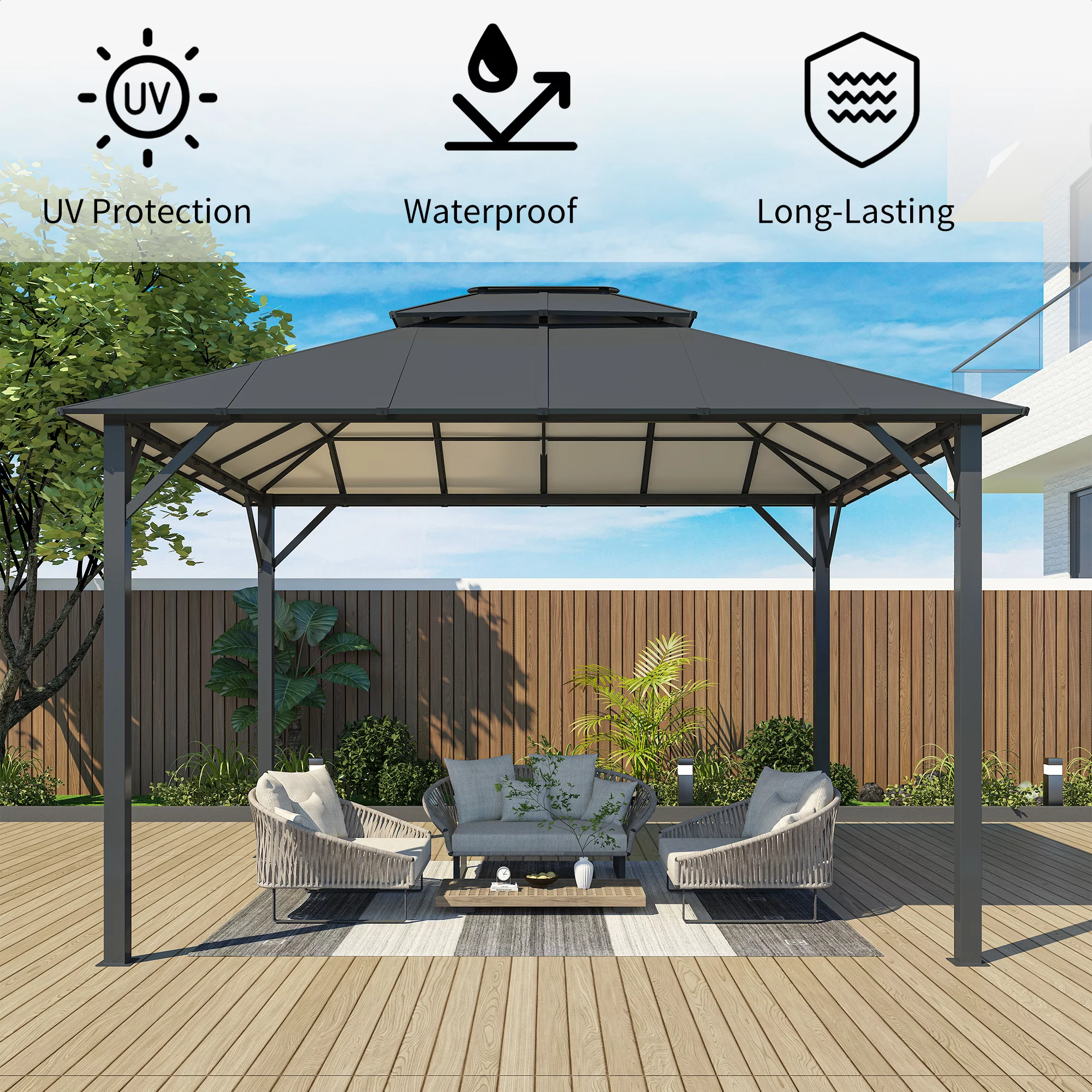 Mondawe 10'x12' Outdoor Hardtop Gazebo Insulated Aluminum Gazebo with Netting and Double Roof - Ideal Canopy Tent for Patio,Parties,Beach