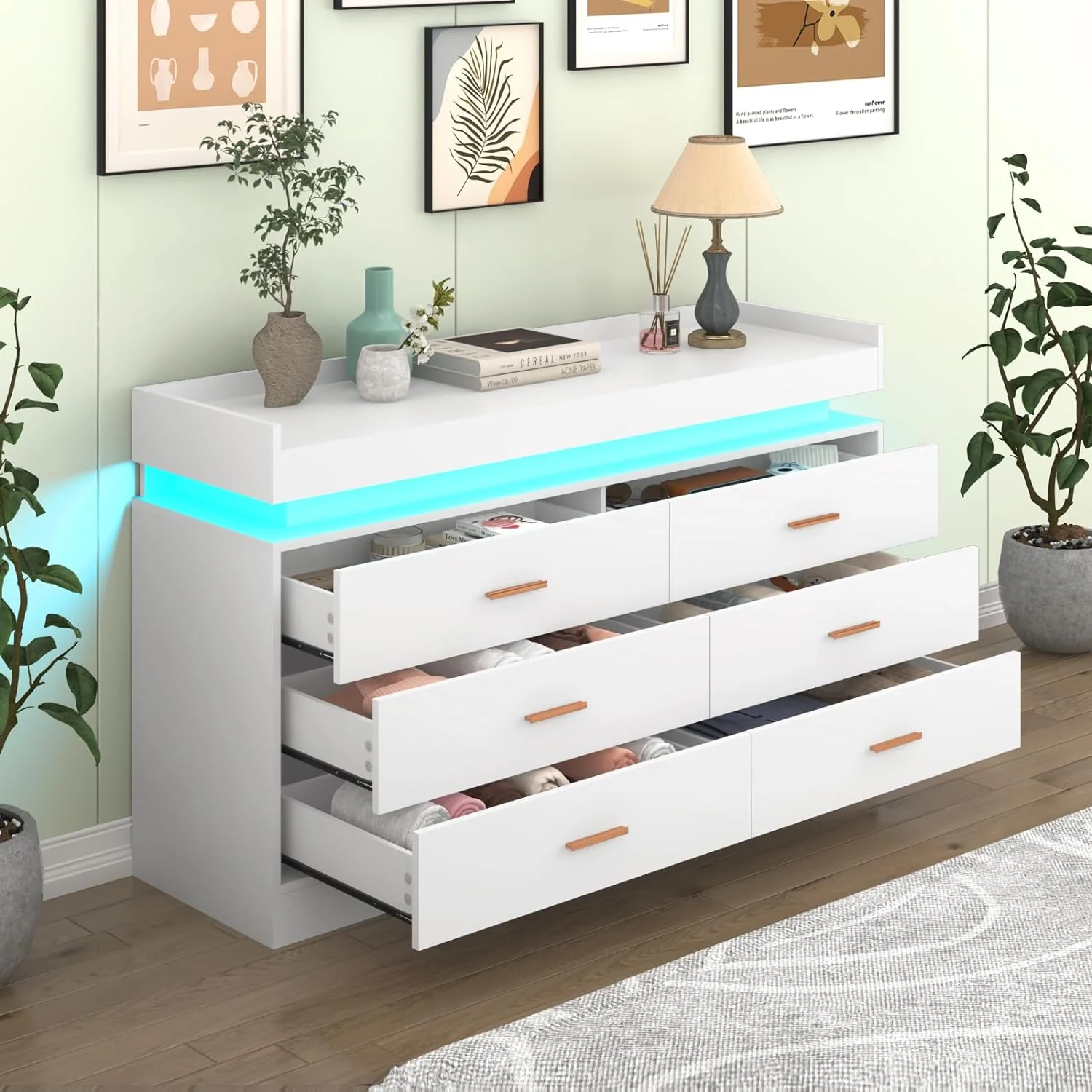 ChVans White Dresser with LED Light, Modern Wood Dresser with Wide Drawers and Metal Handles, 6 drawer dresser for Bedroom, Living Room, Entryway, Hallway(White)