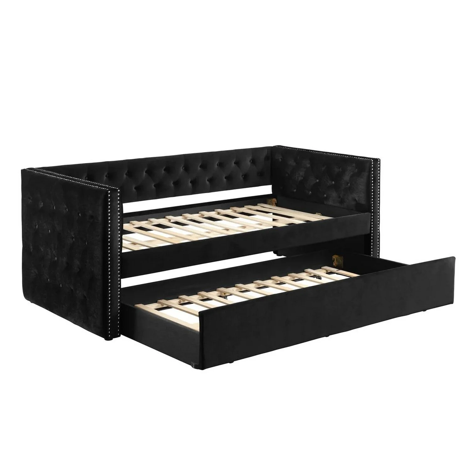 Benjara Trace Trundle Daybed, Black Fabric Upholstery, Chesterfield, Nailhead Trim