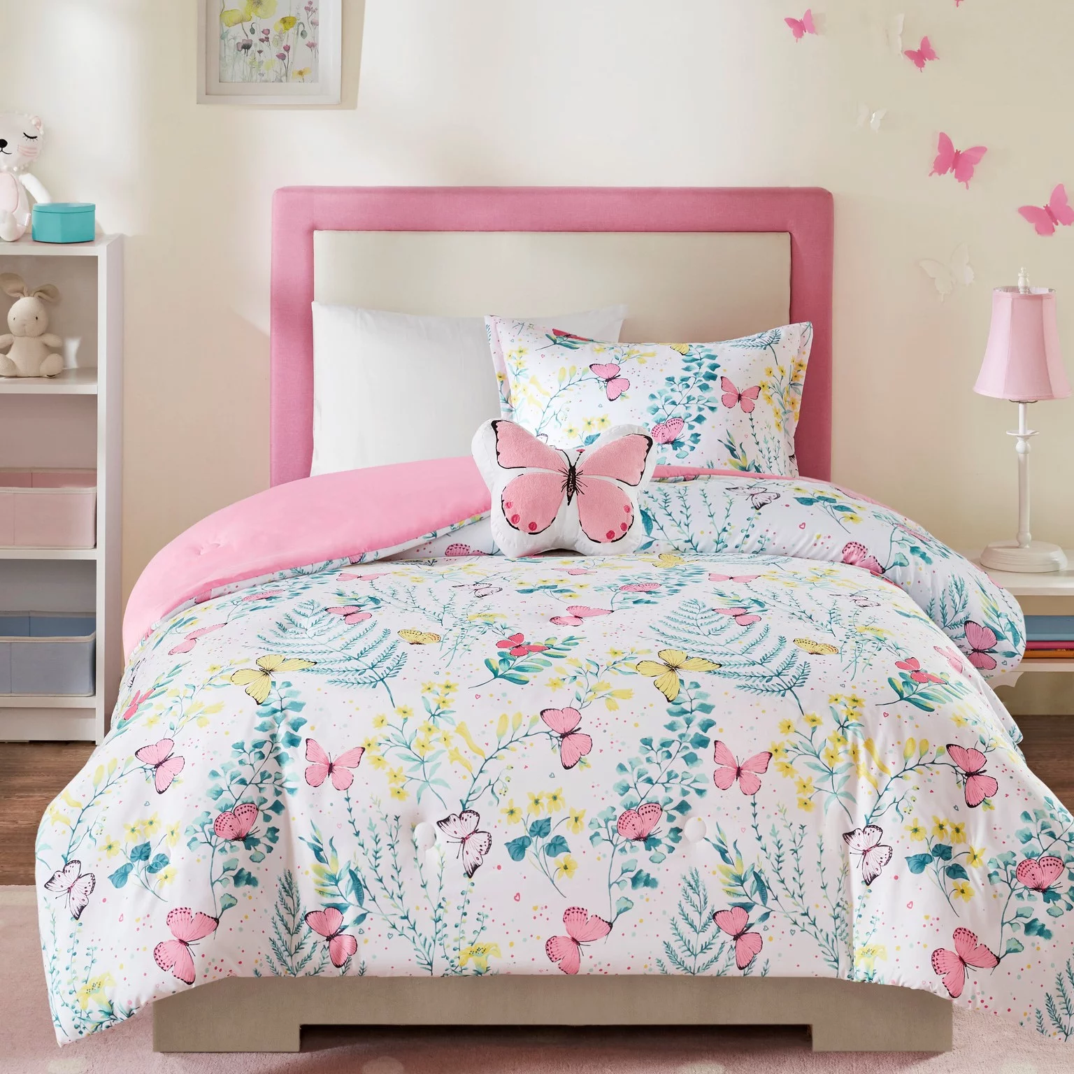 Mi Zone Kids Full/Queen Girl Comforter Set with Decor Pillow Pink Floral Butterfly All Season Kids Bedding 4Pcs