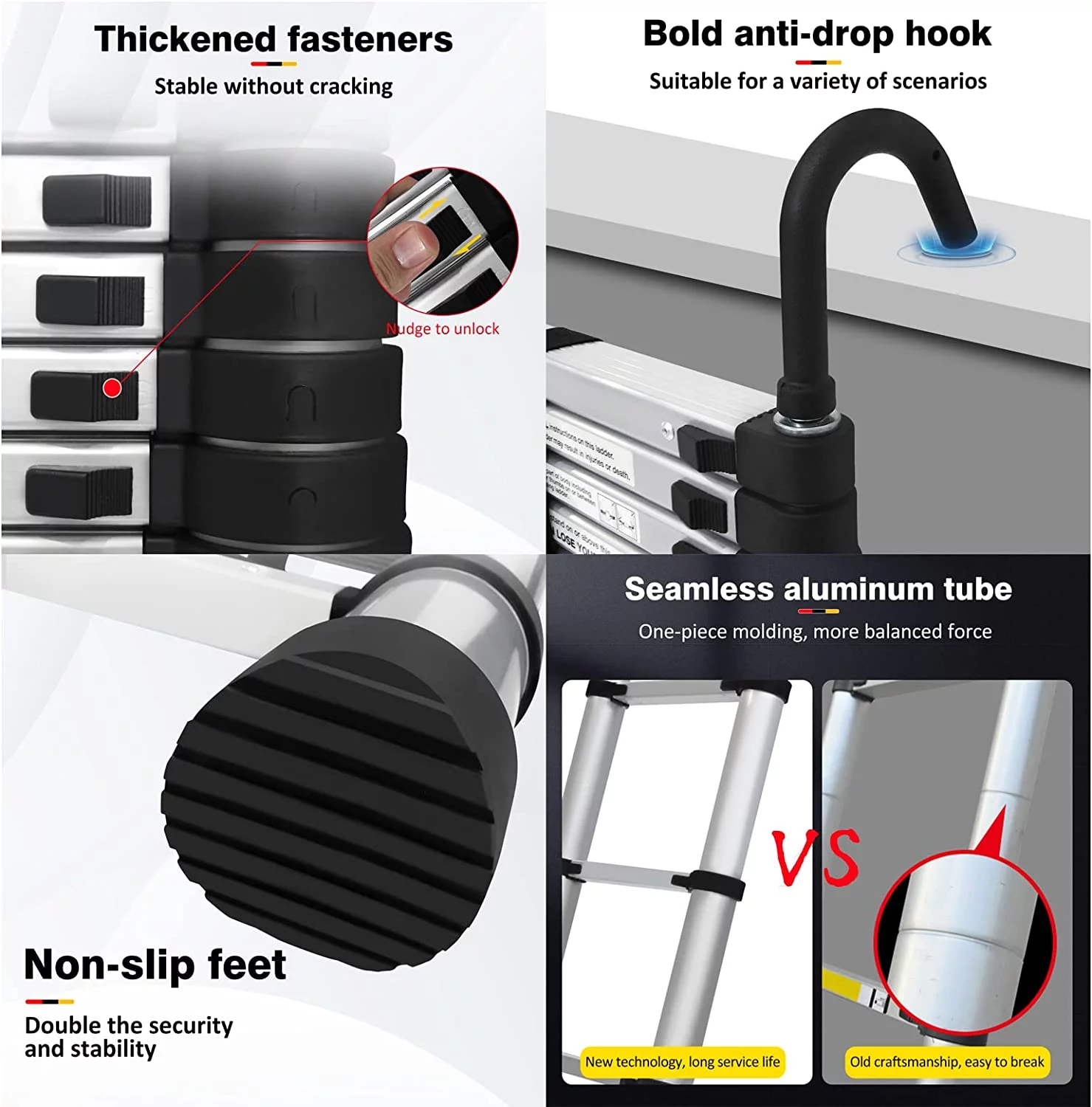 Telescoping Ladder 16FT Aluminum Telescopic Ladder with 2 Detachable Roof Hooks, Roof Ladder Extension Collapsible Ladder for RV, Multi-Purpose Folding Ladder, Outdoor Work Ladder 330lbs Max Capacity