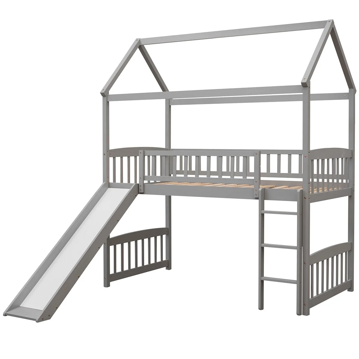 MERAX  Twin House Bed Loft Bed with Slide Grey
