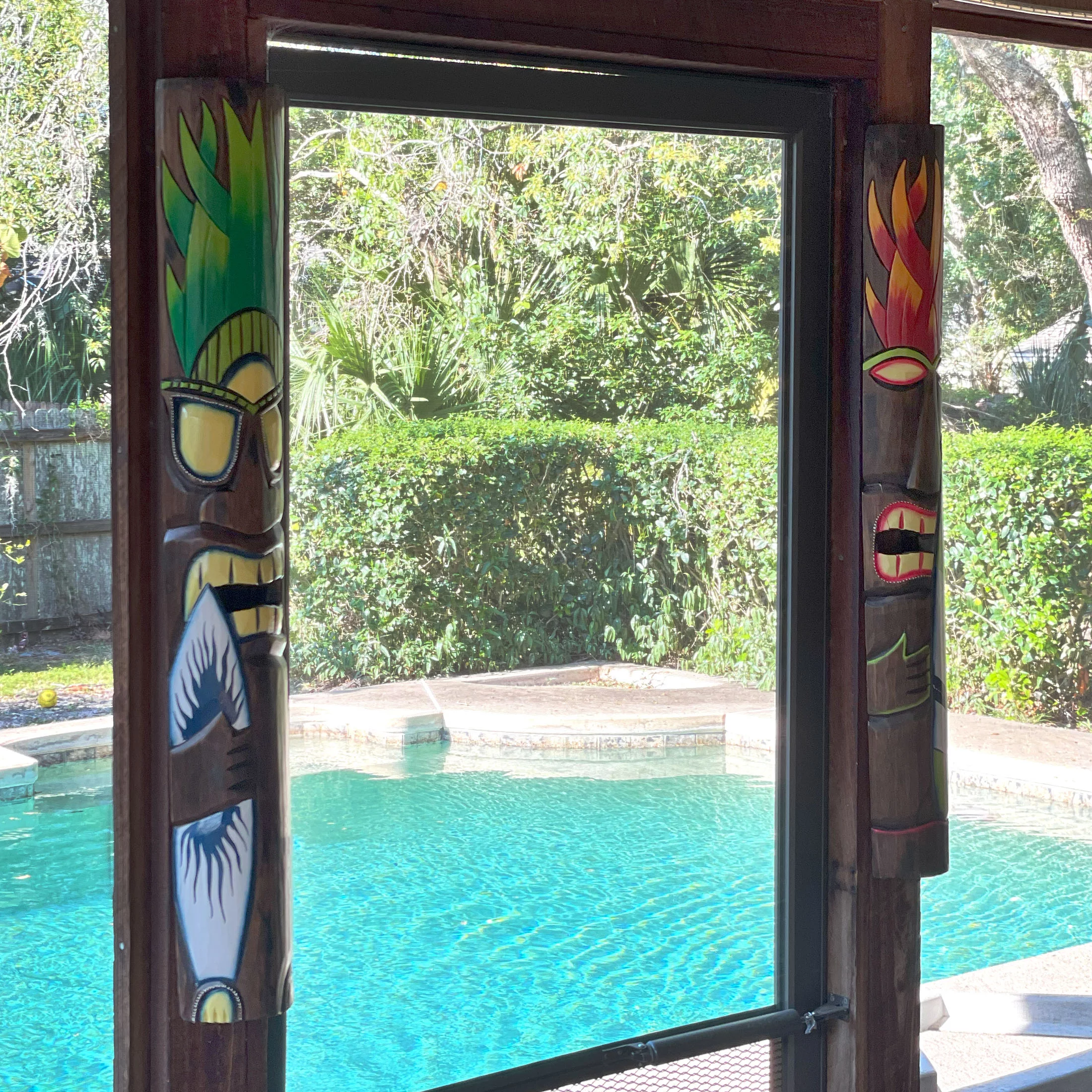 J.D. Yeatts Fire and Earth Carved Wood Surfer Tiki Wall Masks 39 inch (Set of 2)