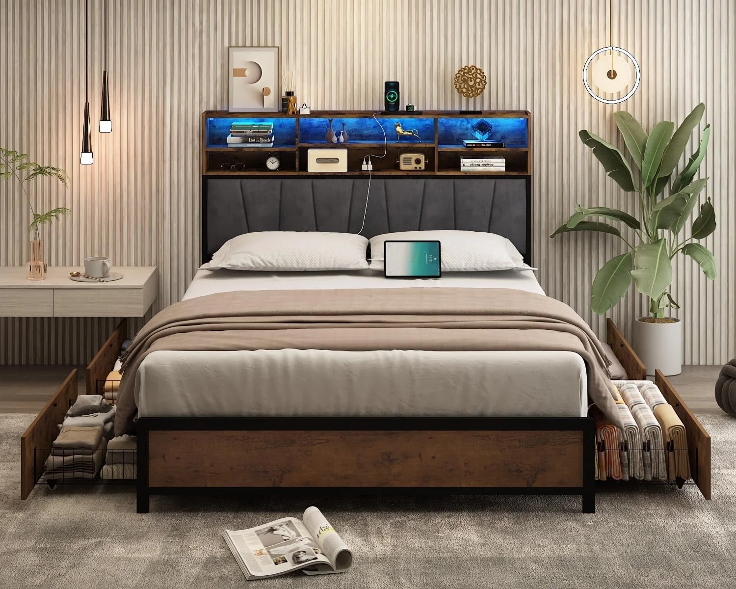 ANPOO LED Bed Frame Full Size with 4 Drawers & Charging Station, Metal Platform Bed Frame with Storage Headboard & Bookcase Storage, No Box Spring Needed, Noise-Free, Vintage Brown