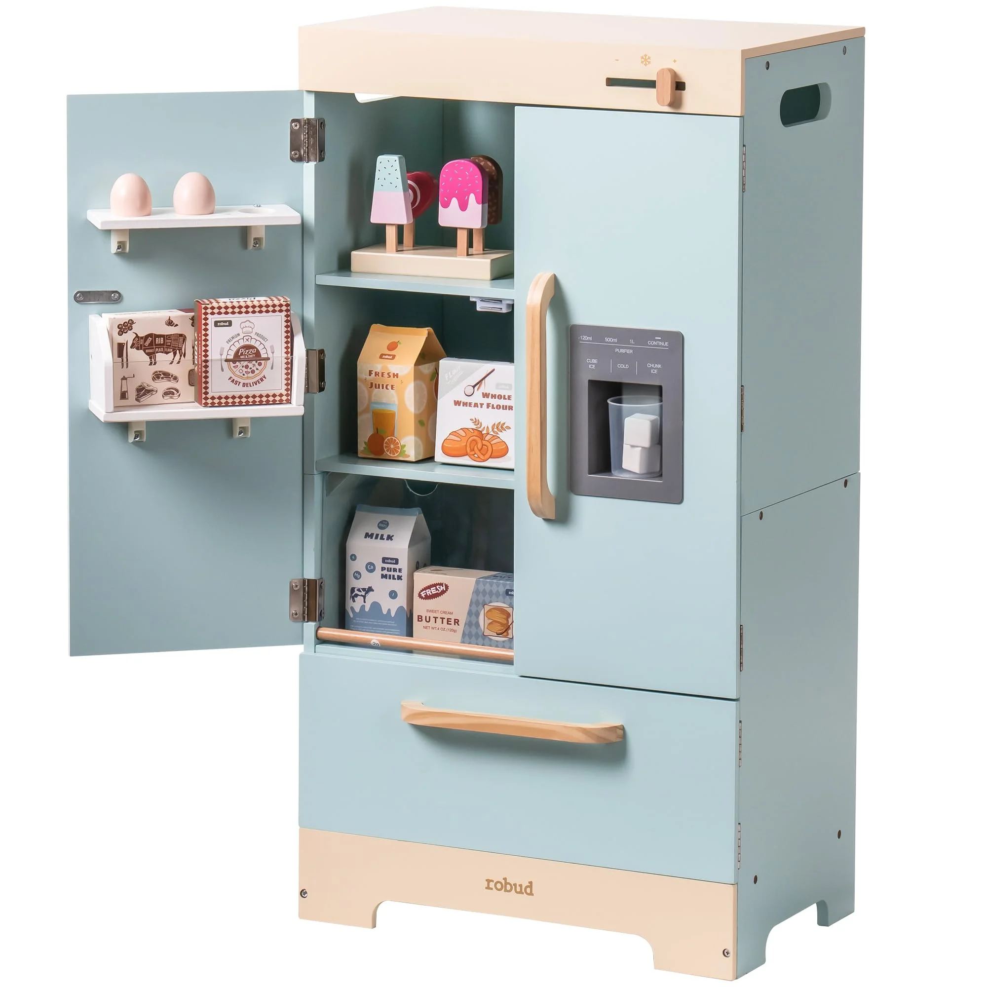 Robud Play Kitchen for Toddlers,Fridge Refrigerator with Ice Dispenser,Wooden Kids Play Kitchen Playset Toy,Gift for Ages 3+,Blue