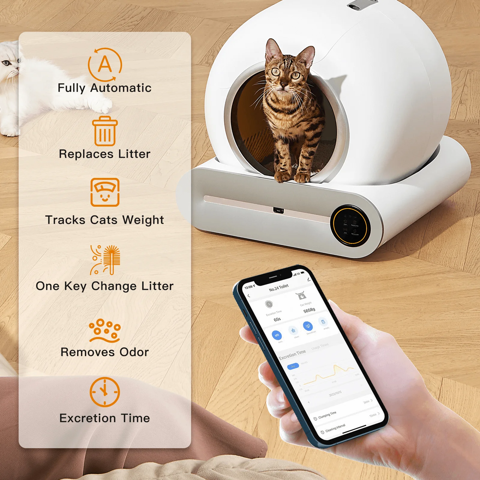 Automatic Cat Litter Box , Suitable For 1-3 Cats, Self-cleaning 65l+9l Large Capacity Cleaning Robot, App Control/odor Removal/safety Protection Smart Cat Litter Box