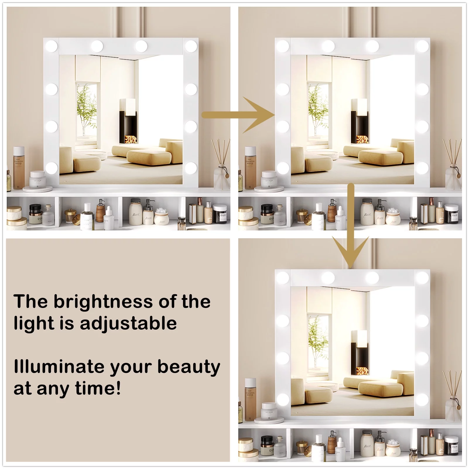 Reettic Vanity Table Set with Lighted Mirror, Makeup Vanity Desk with Storage Cabinet and Drawers, Cushioned Stool, Adjustable Brightness, White RSZT201W