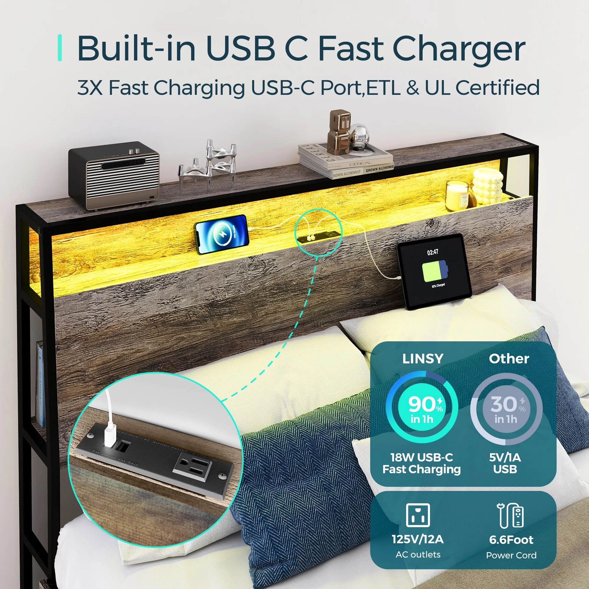 Linsy Home Queen Size Platform Bed Frame with Storage Headboard and 4 Storage Drawers, No Box Spring Needed, Light Grey