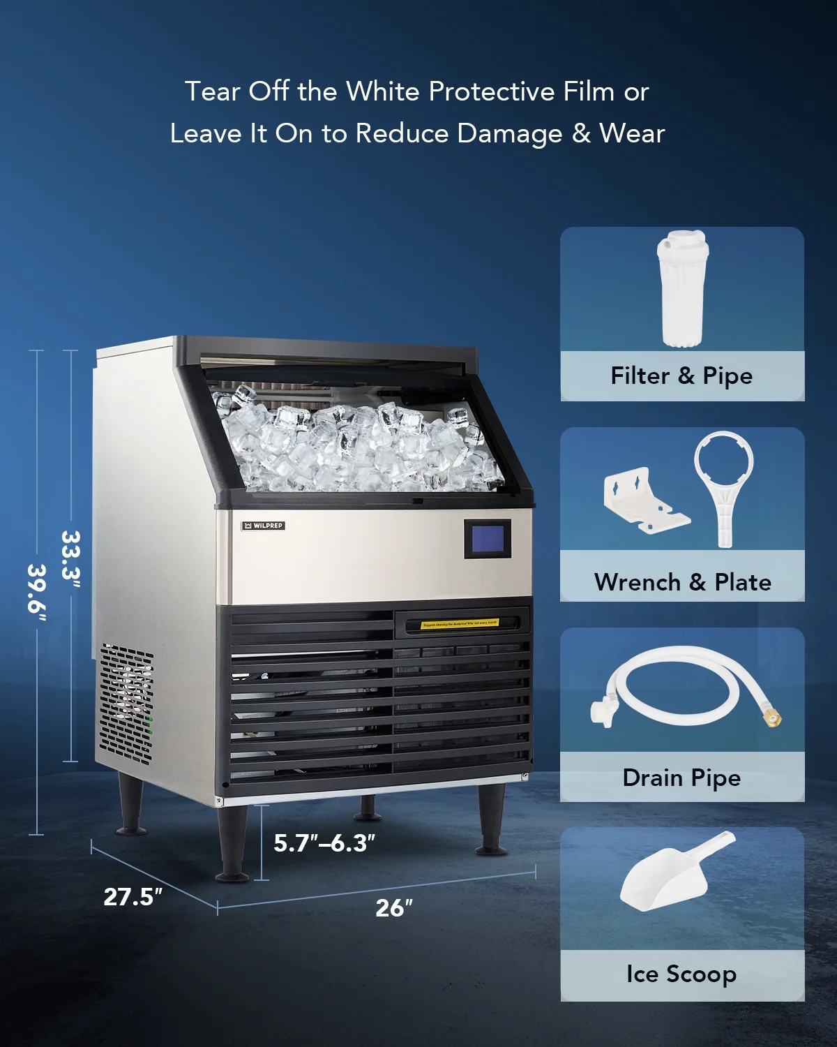 WILPREP Commercial Ice Maker 175lb Daily Production with 90pc Yield 78lb Storage