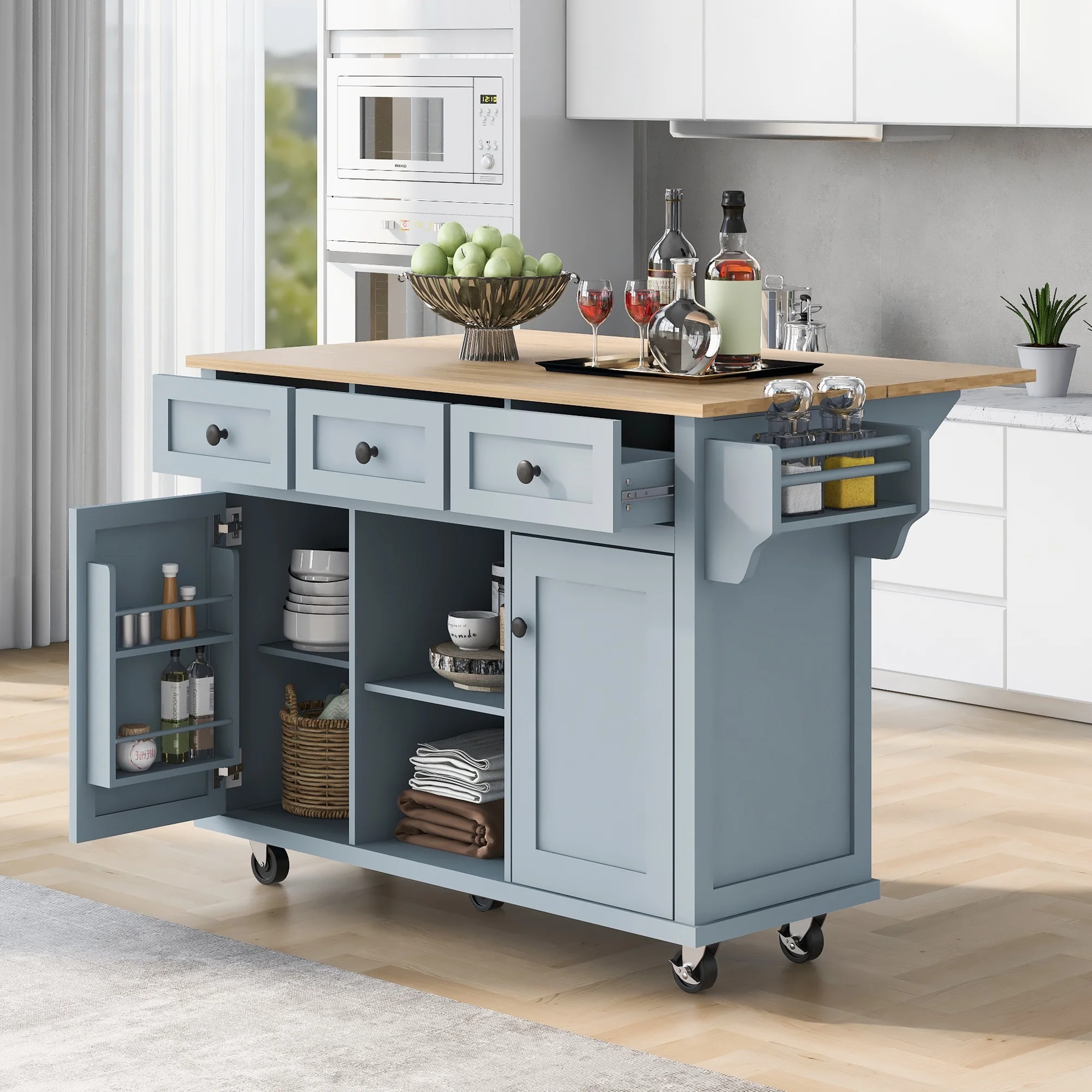 Churanty Kitchen Island with Drop Leaf and Wheels Rolling Kitchen Cart with Storage and Cabinet and 3 Drawers for Dining Room,Blue