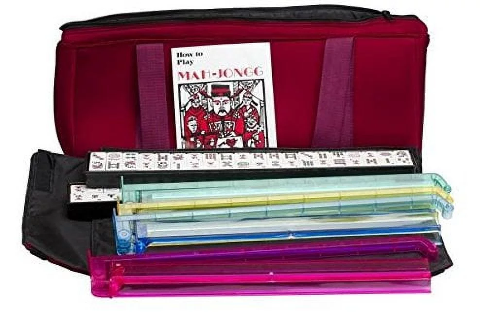 American Mah Jongg Soft Bag Case New 166 Tile Set with 4 Color Pushers, Burgundy