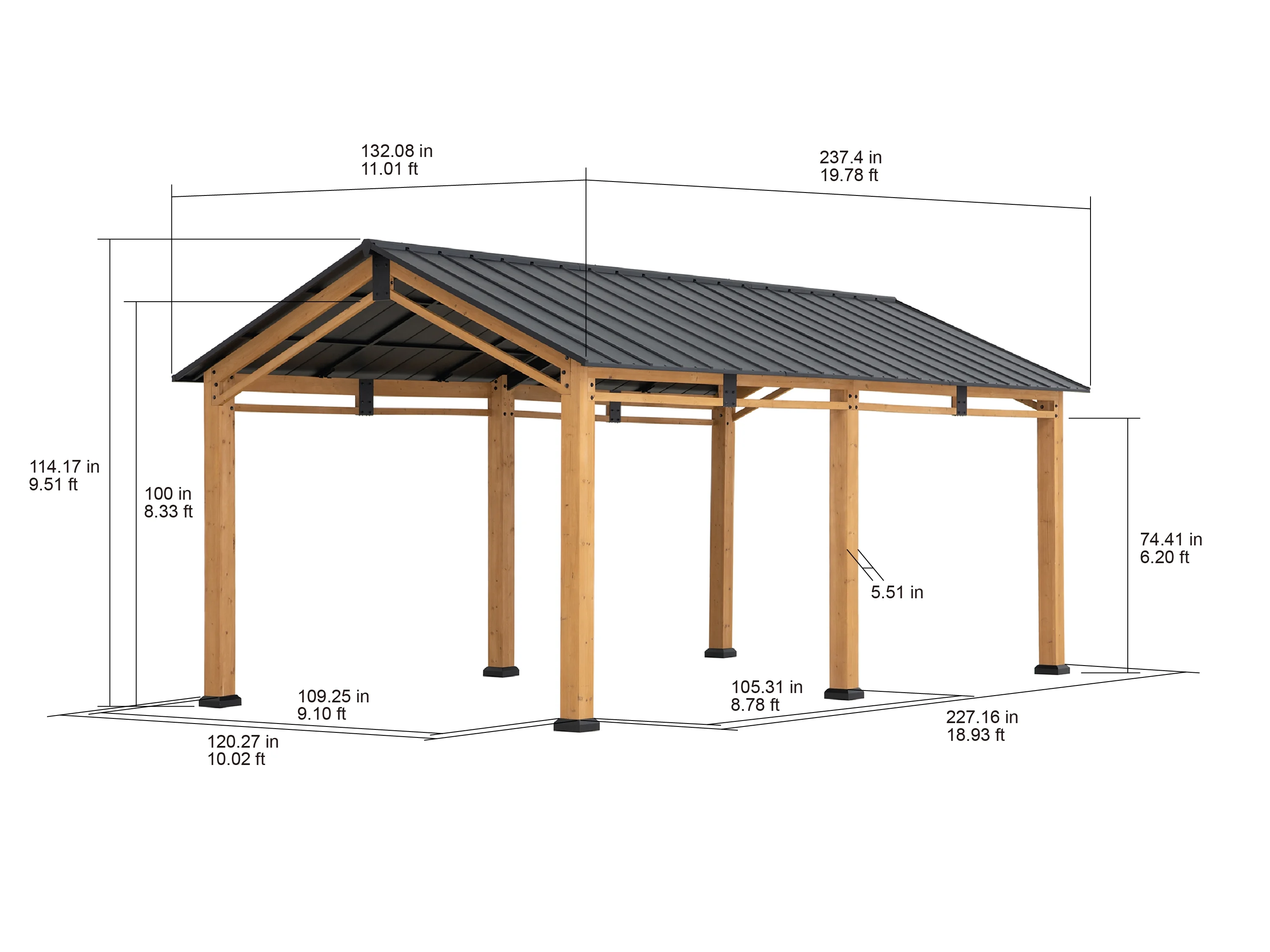 Sunjoy 11 ft. x 20 ft. Cedar Wood Frame Carport/Gazebo with Steel Gable Roof for Parties, Patios