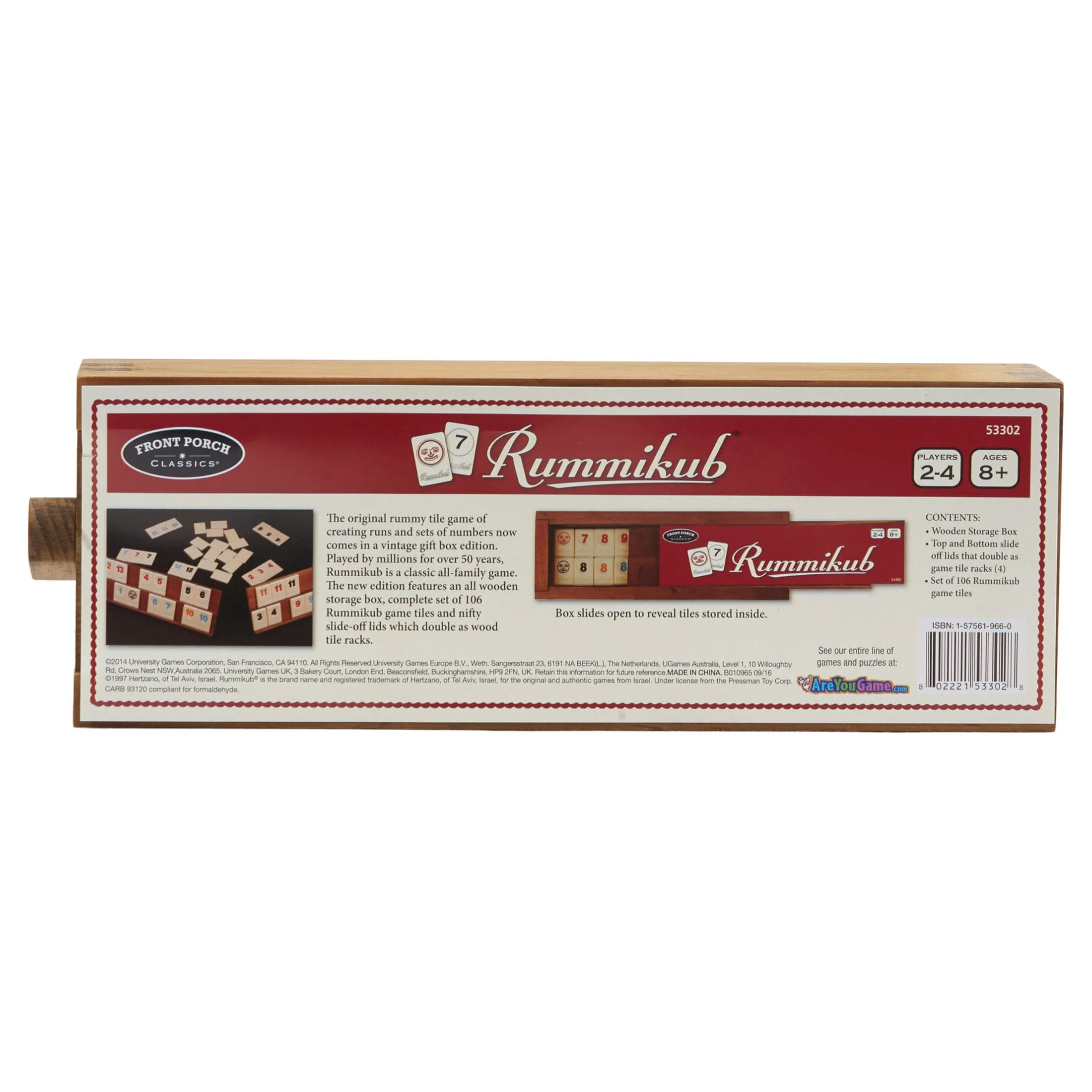 Front Porch Classics | Rummikub Vintage Edition in All-Wood Storage Case with 4 Built-in Player Trays and 106 Rummikub Tiles, for 2 to 4 Players Ages 8 and Up