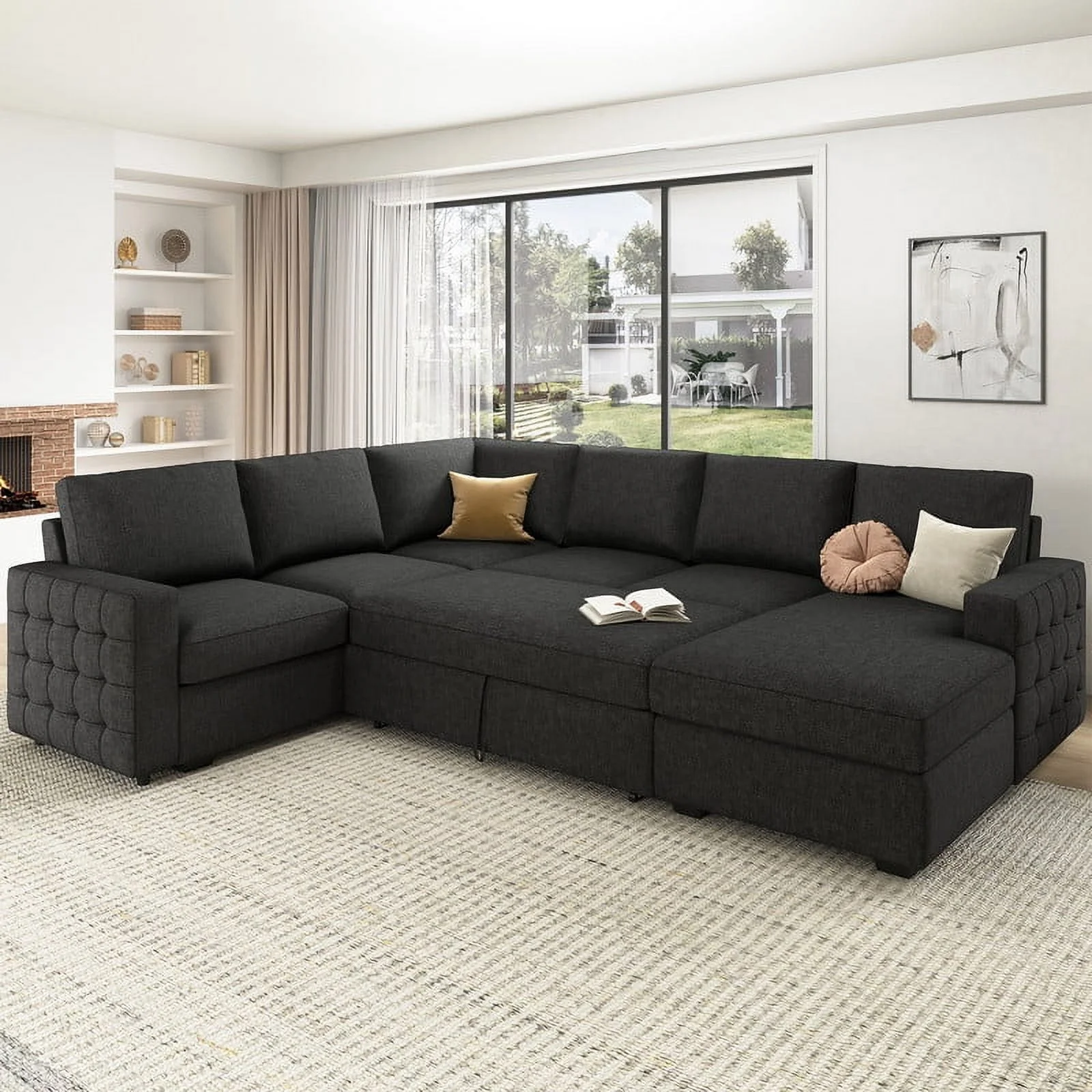 HONBAY Modern Convertible Sleeper Sectional Sofa Couch with Pull-out Bed and Storage Chaise, Dark Grey