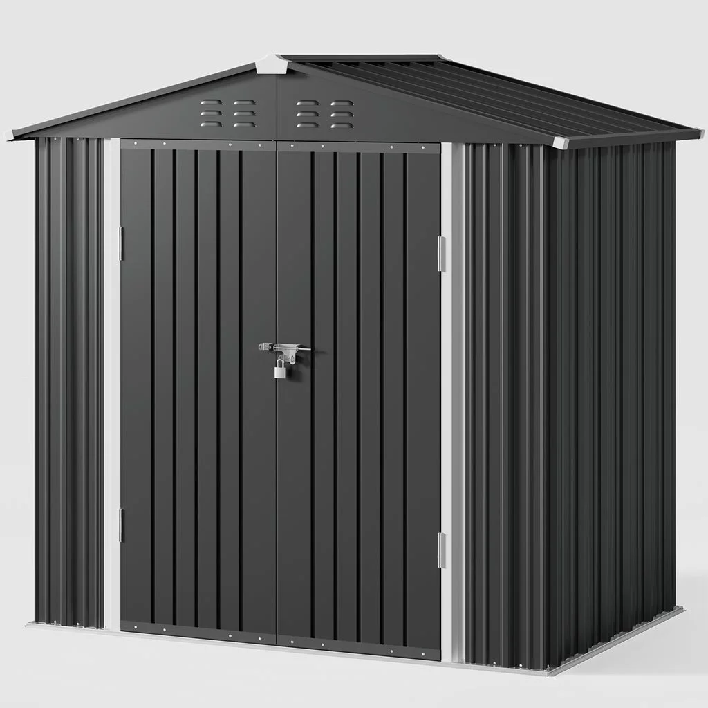 Aiho 8' x 6' Shed, Outdoor Storage Shed with Metal Base Frame & Air Vent & Lockable Doors for Garden and Backyard - Gray