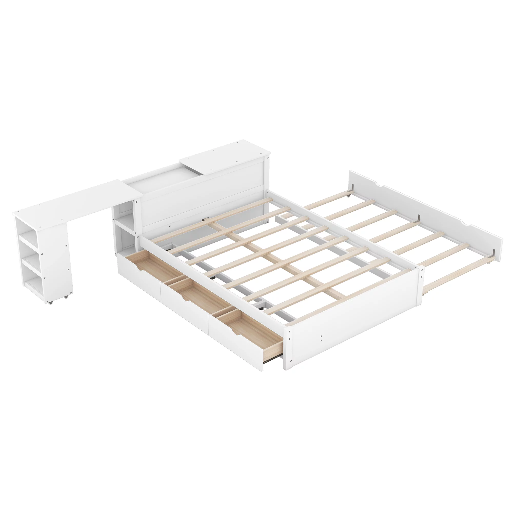 Churanty Full Size Platform Bed Frame with Rolling Desk and Storage Headboard Modern Wood Bed Frame with Trundle and Drawers,White