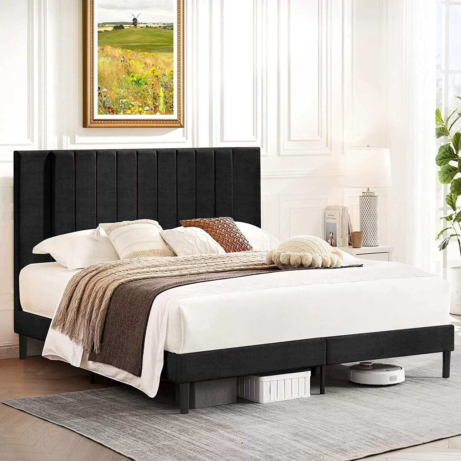 Flolinda Queen Bed Frame Upholstered Bed Frame with Vertical Channel Tufted Complete High Headboard, Black