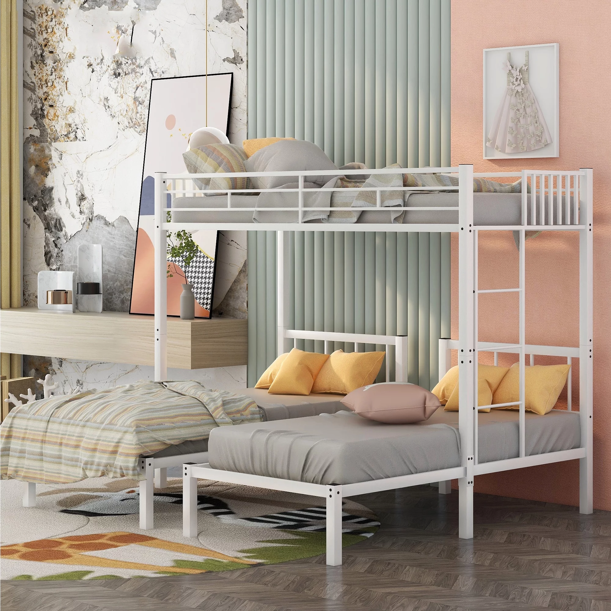 Triple Metal Bunk Bed Twin over Twin with Ladder for Kids, Boys & Girls, Convertible Bunk Set, White