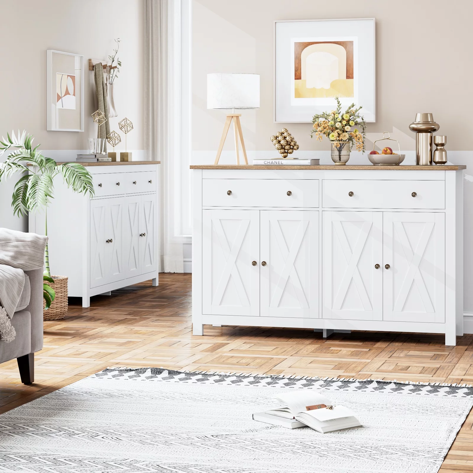 Homfa 4-Doors 2-Drawers Farmhouse Storage Cabinet, Wood Sideboard with Adjustable Shelves for Kitchen Dining Room, White