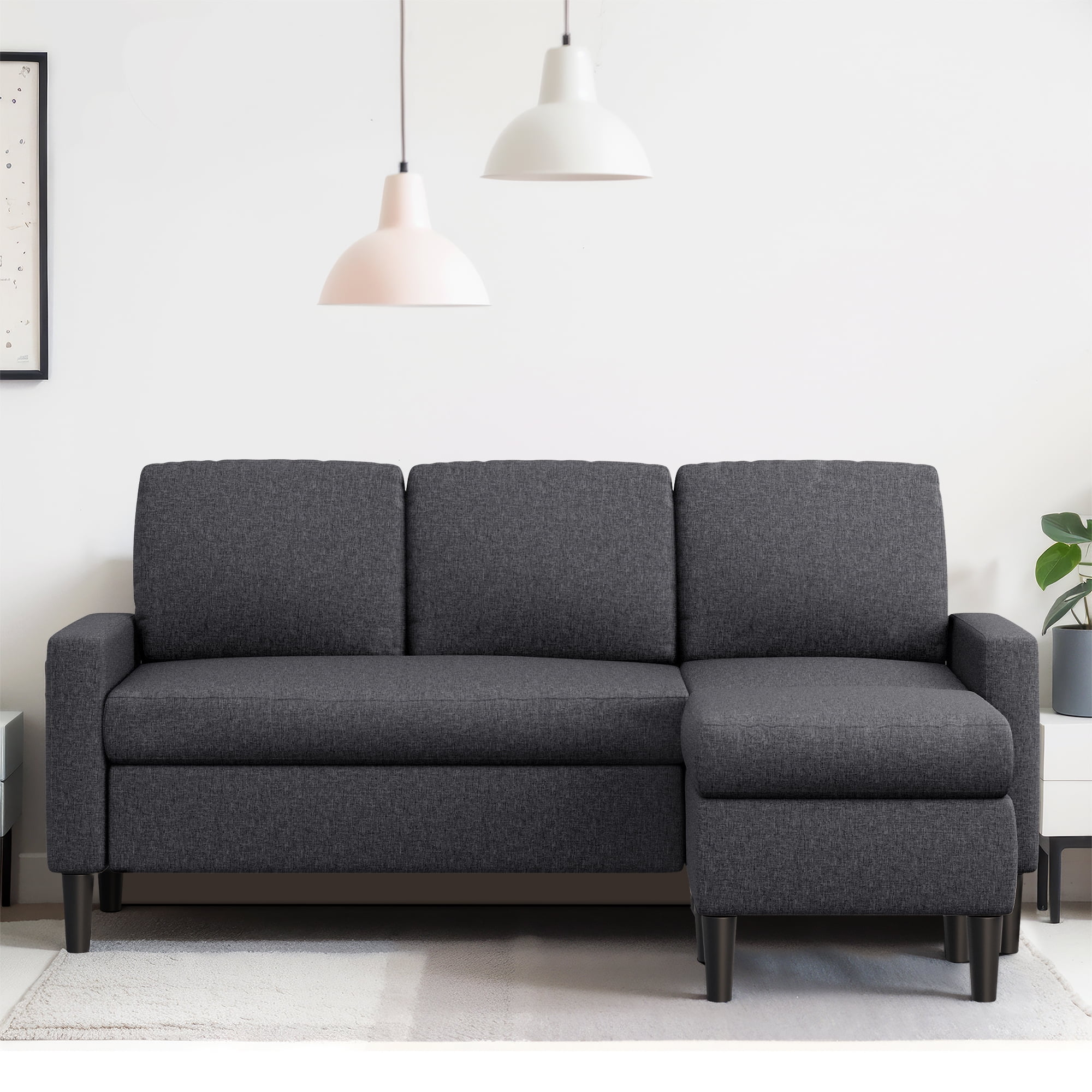 Walsunny Convertible Sectional Sofa Couch,Modern Linen Fabric L-Shaped Couch 3-Seat Sofa with Reversible Chaise for Small Space(Grayish Black)