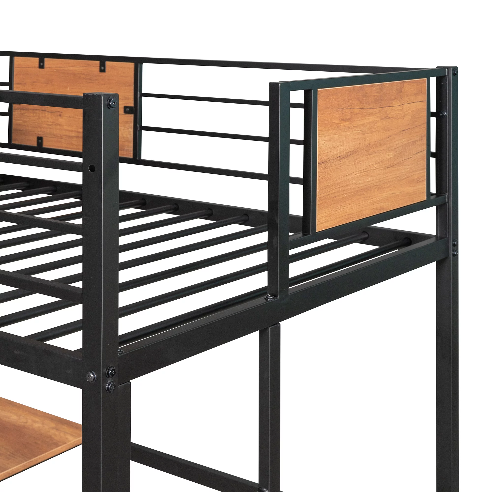 Bellemave Twin Metal Loft Bed with L-Shape Desk and Shelve,Sturdy Metal Loft Bed Frame with Guardrail for Kids,Teens, Black