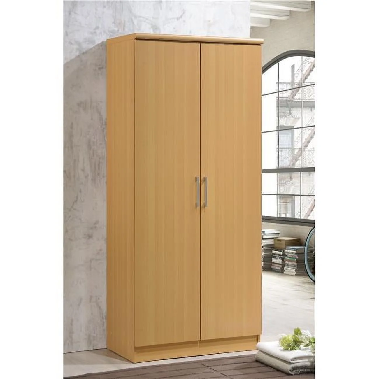 Hodedah 2 Door Wooded Armoire with 4 Shelves in Beige Finish