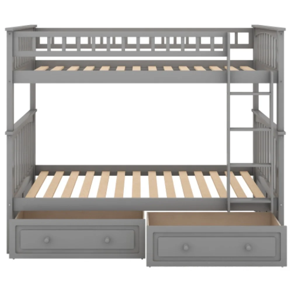 Twin over Twin Bunk Bed with Drawers, Convertible Beds, Gray  Gray + Pine