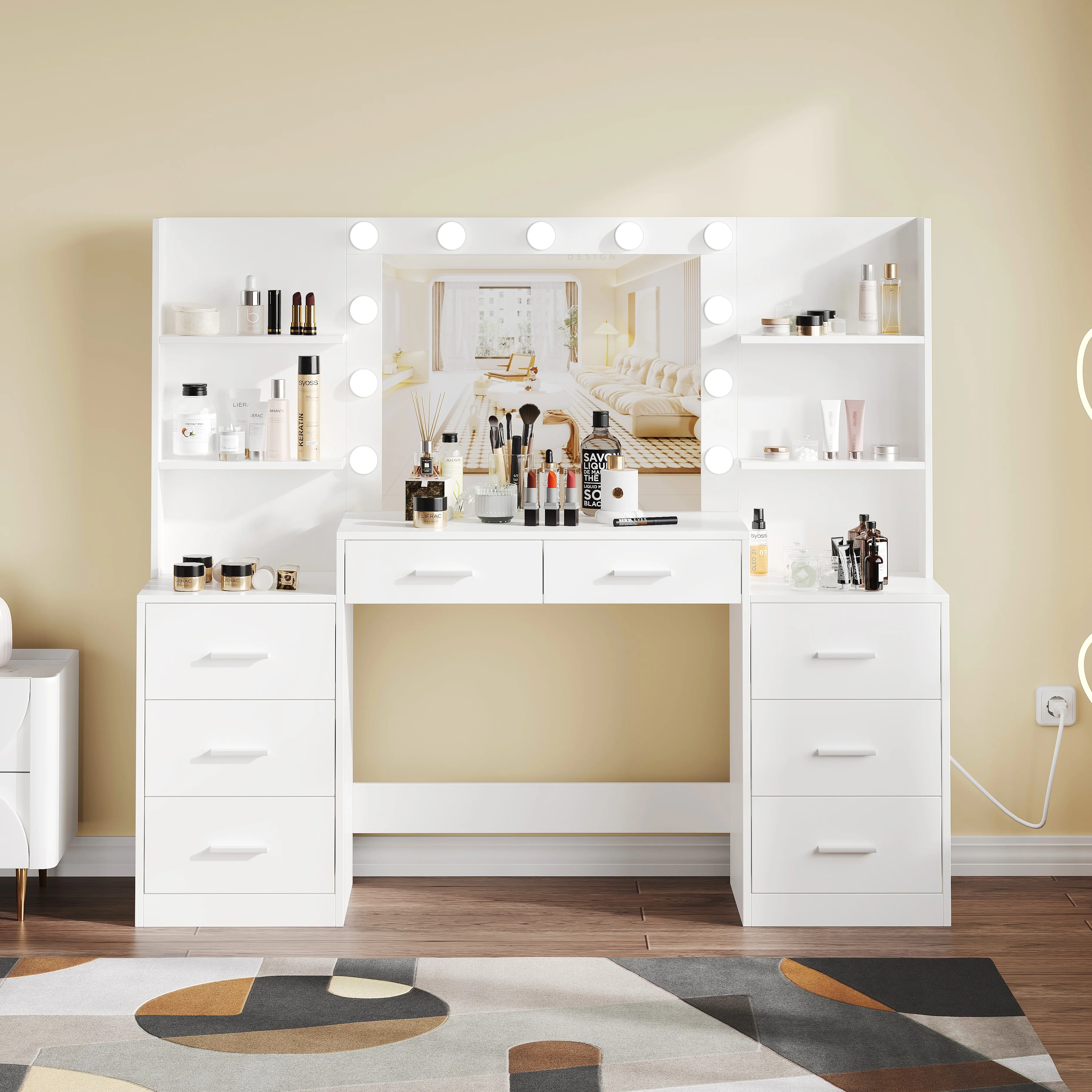 Vanity Desk with Mirror and 3-Mode Lights, Makeup Vanity with 8 Drawer for Women, Girls
