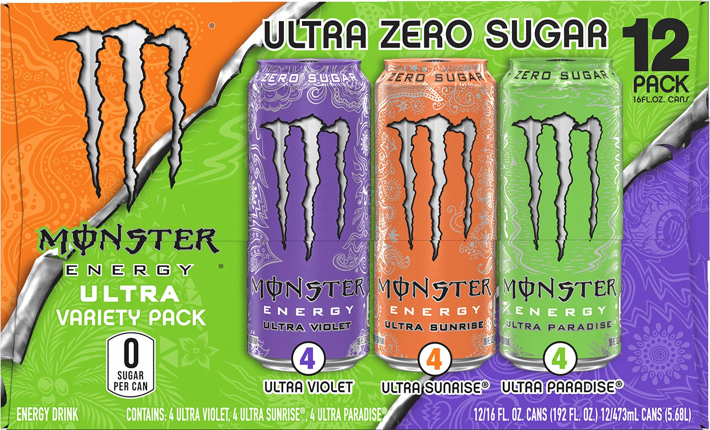 (12 Cans) Monster Ultra VP, Ultra Sunrise, Ultra Violet, Ultra Paradise, 16 fl oz, 12 Pack