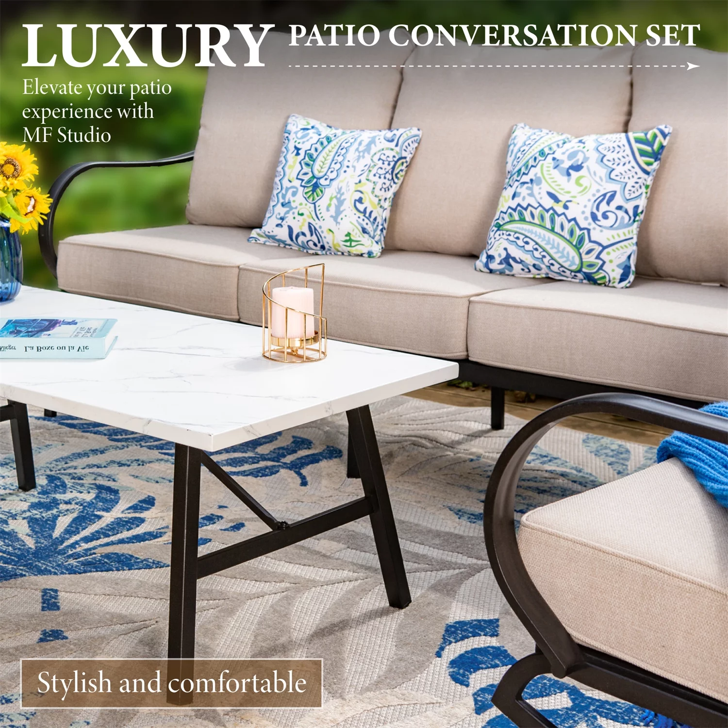 MF Studio 5-Seat Patio Conversation Set Metal Outdoor Furniture Sofa Set for 5 Person Beige