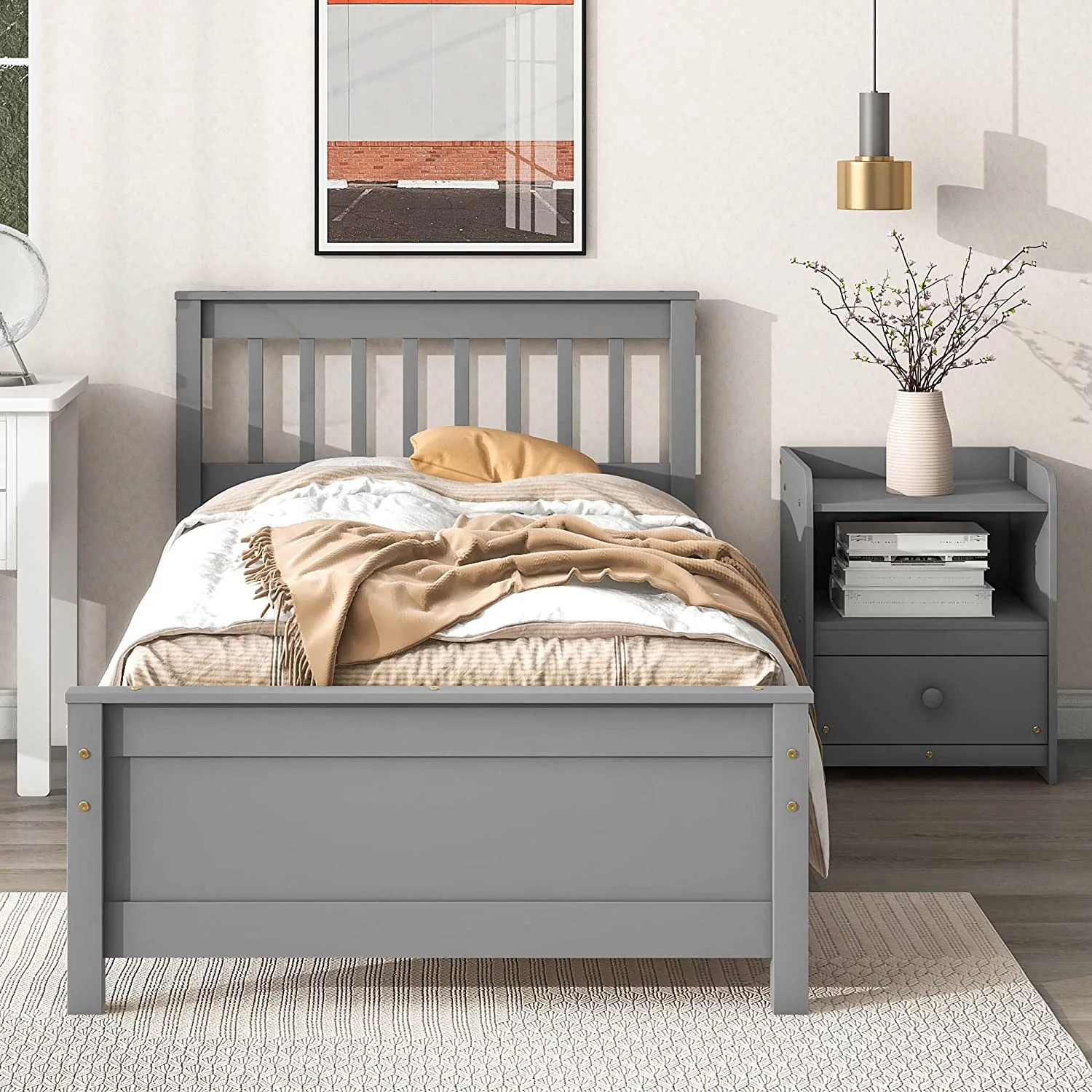 Full Bed Frame with Nightstand Full Size Bed Frame for Kids, Teens, Adults with Slats, Headboard & Footboard, Wood Full Size Platform Bed for Bedroom Small Living Space, No Box Spring Needed-White